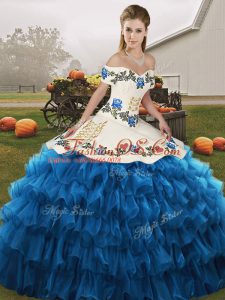 Hot Sale Off The Shoulder Sleeveless Organza Quinceanera Gown Embroidery and Ruffled Layers Lace Up