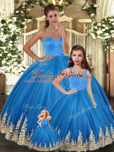Blue 15th Birthday Dress For with Embroidery Sweetheart Sleeveless Lace Up