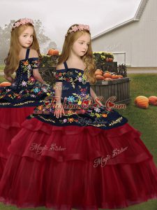 Floor Length Red Little Girl Pageant Gowns Straps Sleeveless Lace Up
