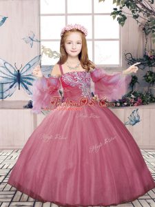 Ball Gowns Pageant Gowns For Girls Pink Straps Tulle Sleeveless Floor Length Lace Up