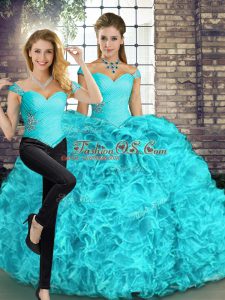 Fitting Aqua Blue Two Pieces Off The Shoulder Sleeveless Organza Floor Length Lace Up Beading and Ruffles 15 Quinceanera Dress