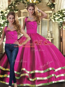 Fuchsia Lace Up Halter Top Ruffled Layers Vestidos de Quinceanera Tulle Sleeveless
