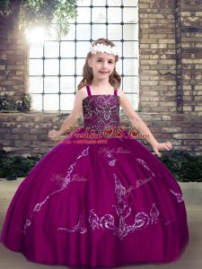 Fuchsia Straps Lace Up Beading Little Girl Pageant Gowns Sleeveless