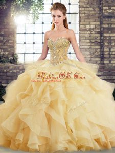 Custom Designed Gold Ball Gowns Sweetheart Sleeveless Tulle Brush Train Lace Up Beading and Ruffles Quinceanera Dress