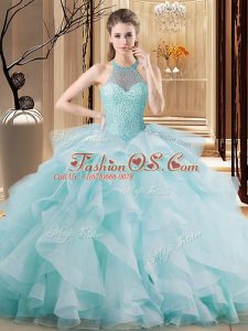 Ideal Halter Top Sleeveless Vestidos de Quinceanera Brush Train Embroidery and Ruffles Light Blue Organza