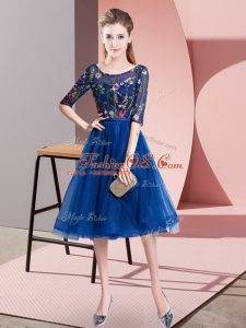 Royal Blue Tulle Lace Up Scoop Half Sleeves Knee Length Damas Dress Embroidery