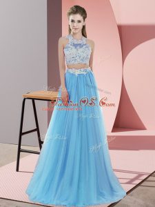 Graceful Halter Top Sleeveless Damas Dress Floor Length Lace Baby Blue Tulle