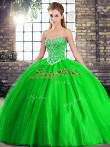 Fancy Beading Vestidos de Quinceanera Green Lace Up Sleeveless Brush Train