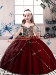 Spaghetti Straps Sleeveless Pageant Gowns For Girls Floor Length Beading Wine Red Tulle