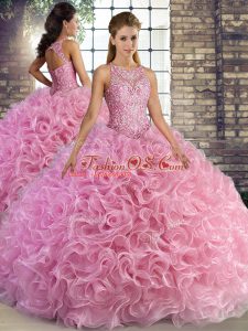 Scoop Sleeveless Lace Up Vestidos de Quinceanera Rose Pink Fabric With Rolling Flowers