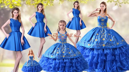 Customized Blue Lace Up Sweetheart Embroidery and Ruffled Layers Sweet 16 Quinceanera Dress Organza Sleeveless