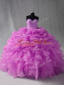 Flare Lilac Ball Gowns Sweetheart Sleeveless Organza Floor Length Lace Up Beading and Ruffles and Pick Ups Quinceanera Dress
