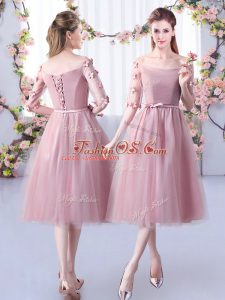 Gorgeous Pink Empire Off The Shoulder Half Sleeves Tulle Tea Length Lace Up Appliques and Belt Quinceanera Court of Honor Dress