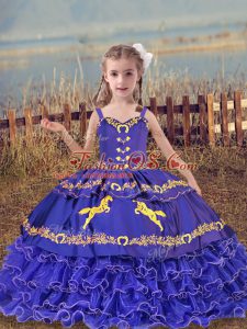Charming Floor Length Ball Gowns Sleeveless Blue Little Girl Pageant Dress Lace Up