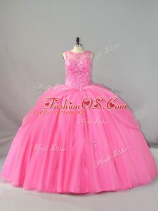 Great Lace Up Sweet 16 Dress Rose Pink for Sweet 16 and Quinceanera with Beading and Appliques Brush Train