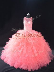 Great Watermelon Red Sleeveless Floor Length Beading and Ruffles Lace Up Sweet 16 Quinceanera Dress
