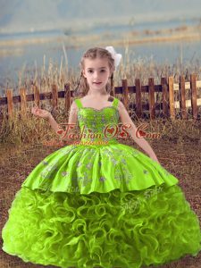 Yellow Green Ball Gowns Embroidery Kids Formal Wear Lace Up Fabric With Rolling Flowers Sleeveless