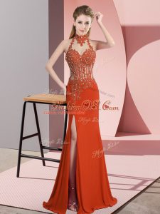 Orange Red Column/Sheath Lace and Appliques Prom Dresses Backless Chiffon Sleeveless Floor Length