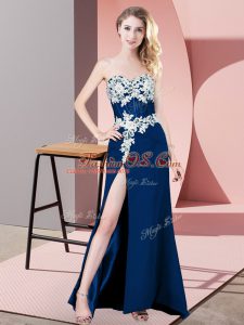 Popular Floor Length Navy Blue Evening Dress Chiffon Sleeveless Lace and Appliques