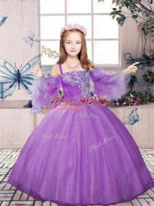 Lavender Ball Gowns Tulle Straps Sleeveless Beading Floor Length Lace Up Pageant Dress