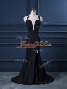 Black Sleeveless Satin Brush Train Zipper Evening Wear for Prom and Party and Military Ball