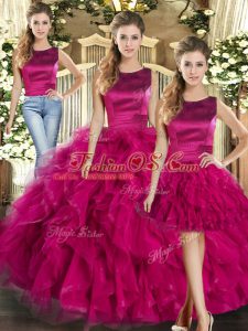 Fuchsia Sleeveless Tulle Lace Up Quinceanera Dress for Military Ball and Sweet 16 and Quinceanera