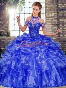 Blue Quince Ball Gowns Military Ball and Sweet 16 and Quinceanera with Beading and Ruffles Halter Top Sleeveless Lace Up