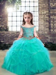 Aqua Blue Off The Shoulder Lace Up Beading and Ruffles Little Girls Pageant Gowns Sleeveless