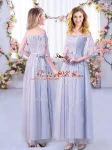 Fitting Half Sleeves Floor Length Lace and Belt Side Zipper Wedding Party Dress with Grey