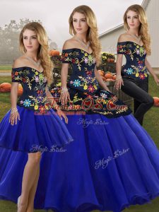 Designer Royal Blue Sleeveless Floor Length Embroidery Lace Up Quinceanera Dress