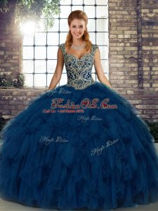 Blue Ball Gowns Straps Sleeveless Organza Floor Length Lace Up Beading and Ruffles Sweet 16 Dress