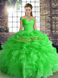 Popular Sleeveless Organza Floor Length Lace Up Sweet 16 Dress in Green with Beading and Ruffles and Pick Ups