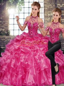 High End Floor Length Two Pieces Sleeveless Fuchsia Quinceanera Gowns Lace Up