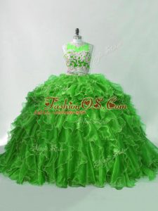 Green Sleeveless Organza Brush Train Zipper 15th Birthday Dress for Sweet 16 and Quinceanera