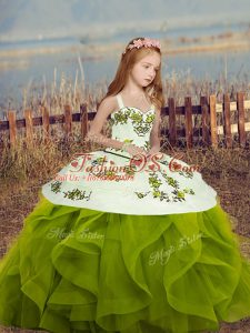 Long Sleeves Floor Length Lace Up Child Pageant Dress in Olive Green with Embroidery and Ruffles