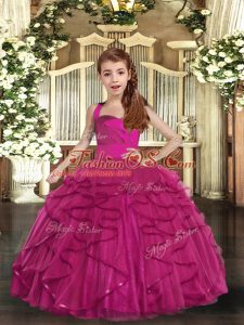 Tulle Straps Sleeveless Lace Up Ruffles Kids Pageant Dress in Fuchsia