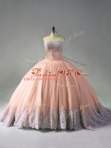 Court Train Ball Gowns 15 Quinceanera Dress Peach Sweetheart Tulle Sleeveless Lace Up