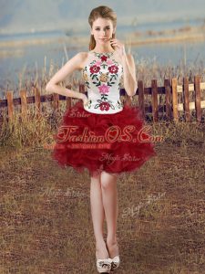 Comfortable Mini Length Lace Up Dress for Prom White And Red for Prom and Party with Embroidery and Ruffles