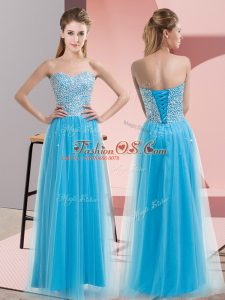 Sleeveless Tulle Floor Length Lace Up Homecoming Dress in Aqua Blue with Beading