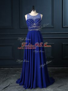 Edgy Royal Blue Criss Cross Beading Sleeveless Brush Train