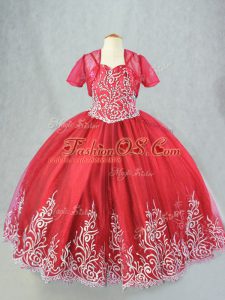 Red Sleeveless Floor Length Beading and Embroidery Lace Up Little Girl Pageant Dress