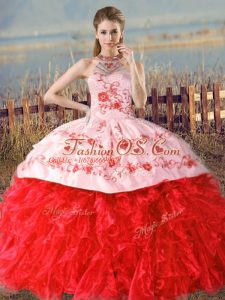 Glittering Red Organza Lace Up Quinceanera Dresses Sleeveless Floor Length Court Train Embroidery and Ruffles