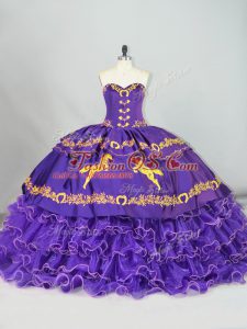 High End Purple Ball Gowns Sweetheart Sleeveless Satin and Organza Brush Train Lace Up Embroidery and Ruffled Layers Quince Ball Gowns
