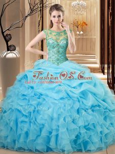 Ball Gowns Quinceanera Gown Baby Blue Scoop Organza Sleeveless Floor Length Lace Up
