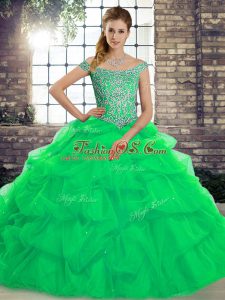 Tulle Off The Shoulder Sleeveless Brush Train Lace Up Beading and Pick Ups 15 Quinceanera Dress in Green