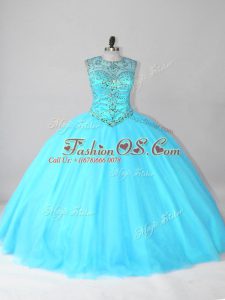 Aqua Blue Sleeveless Beading Floor Length 15th Birthday Dress
