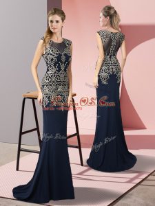 Superior Navy Blue Column/Sheath Satin Scoop Sleeveless Appliques Zipper Homecoming Dress Sweep Train