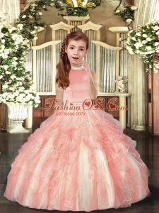 Nice Peach Backless Kids Pageant Dress Beading and Ruffles Sleeveless Floor Length