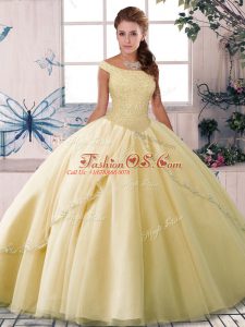 Admirable Tulle Sleeveless Quinceanera Gowns Brush Train and Beading