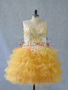 Best Selling Sweetheart Sleeveless Prom Evening Gown Mini Length Beading and Ruffles Yellow Tulle